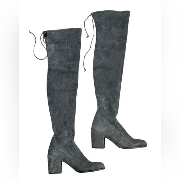 Stuart Weitzman Gray Suede Over-the-Knee Boots Sz 7 Almond Toe Block Heel Shoes - Picture 1 of 12